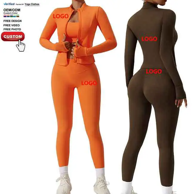 Women Stretch Yoga Jacket High Waist Leggings High Intensity Sports Bra Exercise Workout Wear Quick Dry 3 Piece Fitness Set