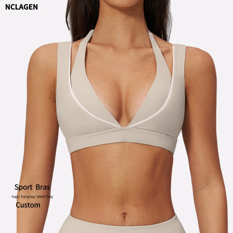Women Gym Athletic Deep V-neck Halter Double Layer Sports Bra Backless Color Blocking Bras Training Pilates Yoga Underwear