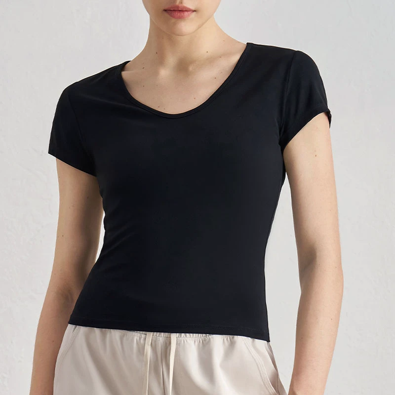 Women's High Quality Naked Feeling Dark V Neck Crop T Shirt Outfit Gym Yoga Sports Work Out Fitness Short Sleeves T-Shirts