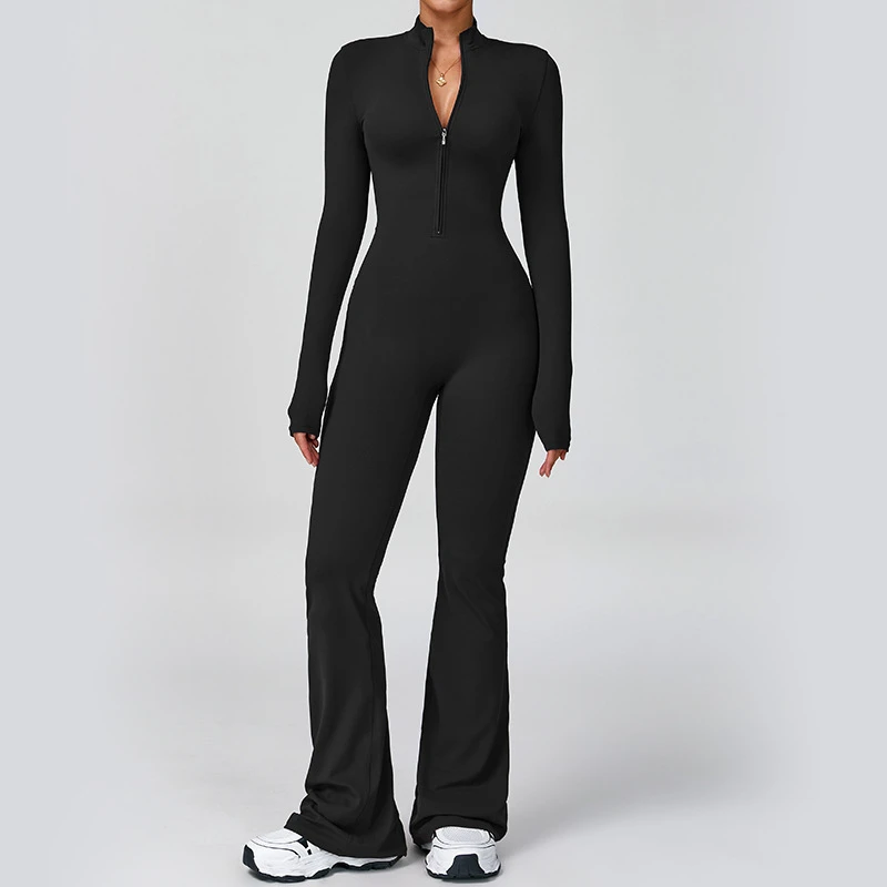 Women Sportswear Long Sleeves Wide Leg Jumpsuit One Piece Half Zip 4-way Stretch Soft Apparels Jogger Pilates Gym Yoga Bodysuit