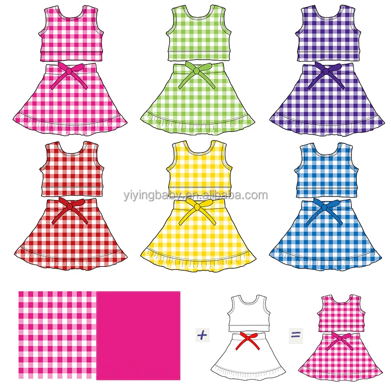 Custom Checkered Print Girls Sports Set Girls Summer Skirt Set 2 Piece Yoga Set Sports Bra & Skirt with Shorts Girls Gym Wear