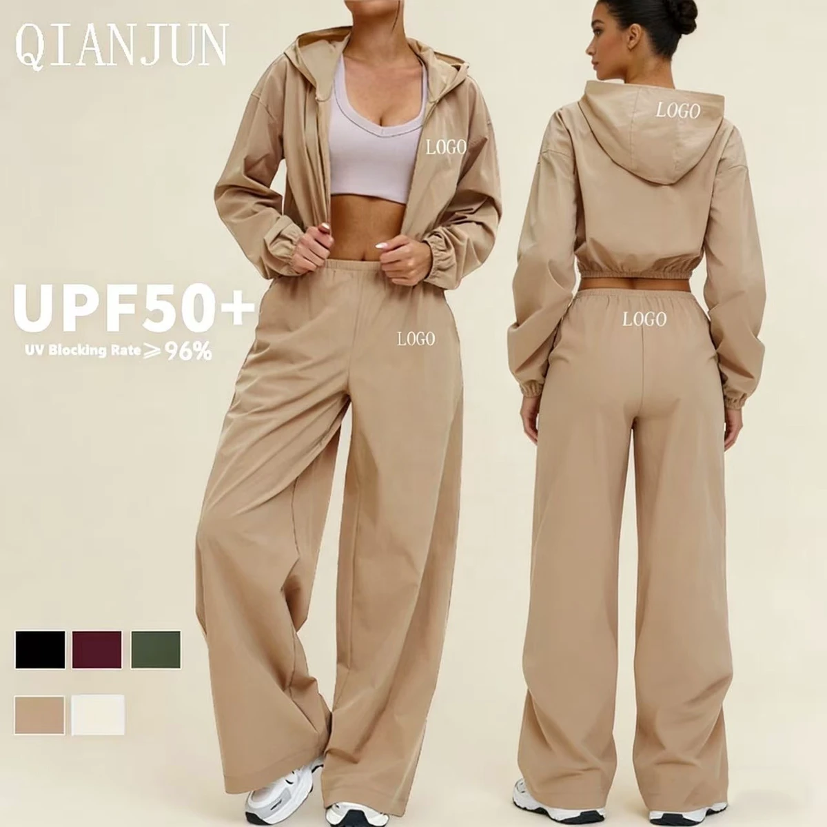 Custom Logo Quick Drying Outdoor Fitness Yoga Set UV Protection Activewear Full Zipper Hoodie Elastic Sports Fitness Sets