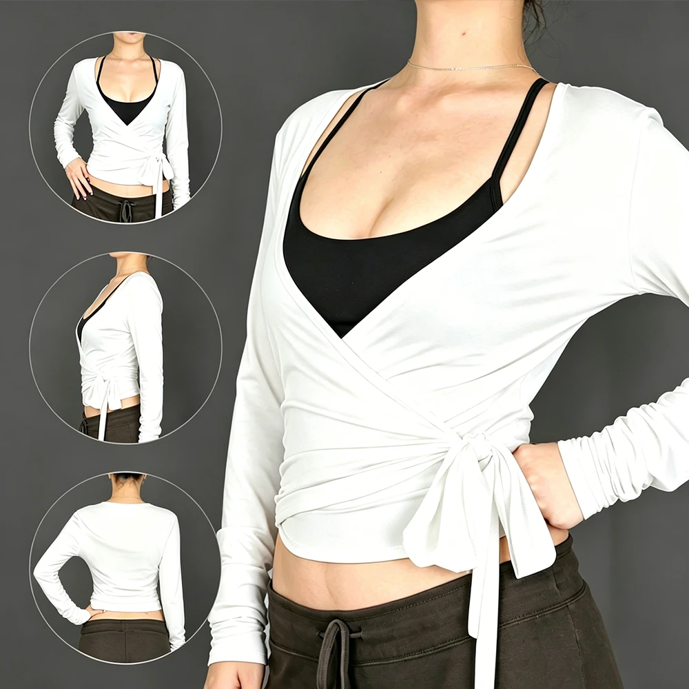 Ladies Lightweight Long Sleeve Wrap Workout Top Deep V Neck Tie Waist Cropped Yoga Shirt Soft Stretchy Low MOQ