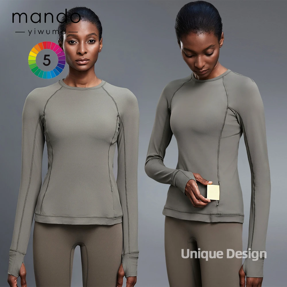 High-Quality Nylon Stretch Unique Pocket T-Shirt Custom Logo Long-Sleeve Crew Neck Sports Yoga Top for Women