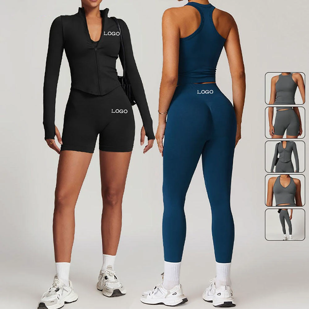 Custom Logo 5-Piece Gym Sets Plus Size Women's Spandex/Nylon Four-Way Stretch Breathable Quick Dry Gym Fitness Yoga Sets Elastic