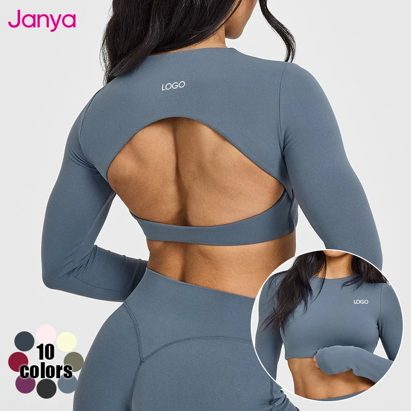 Janya High Quality Breathable Long Sleeve Hollow Out Back Short Fitness Tops Removable Pads Backless Yoga Crop Top for Women