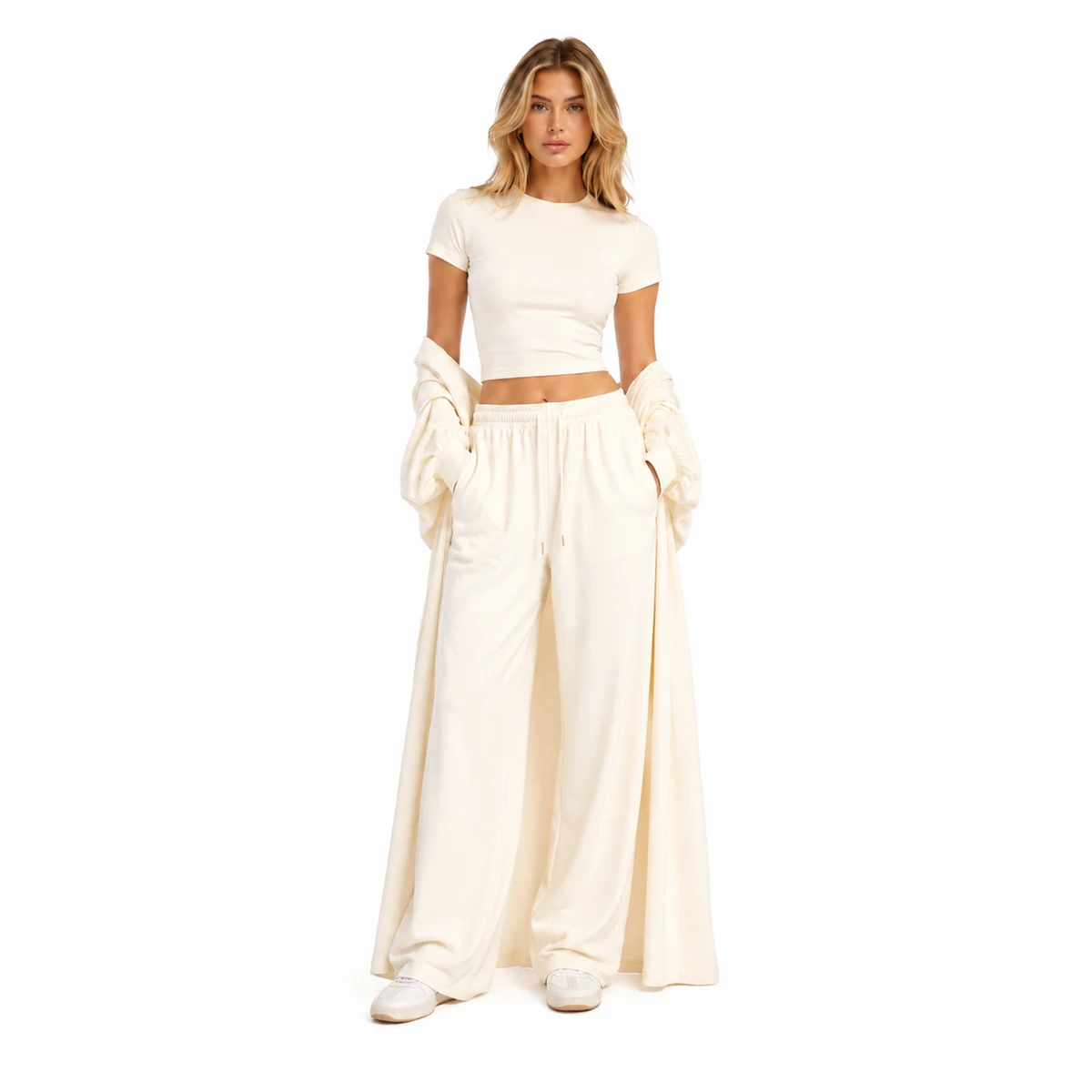 Cozy Knit 3 Piece Lounge Set Women Long Cardigan Ribbed Crop Top And High Waist Wide Leg Pants Set Soft Homewear