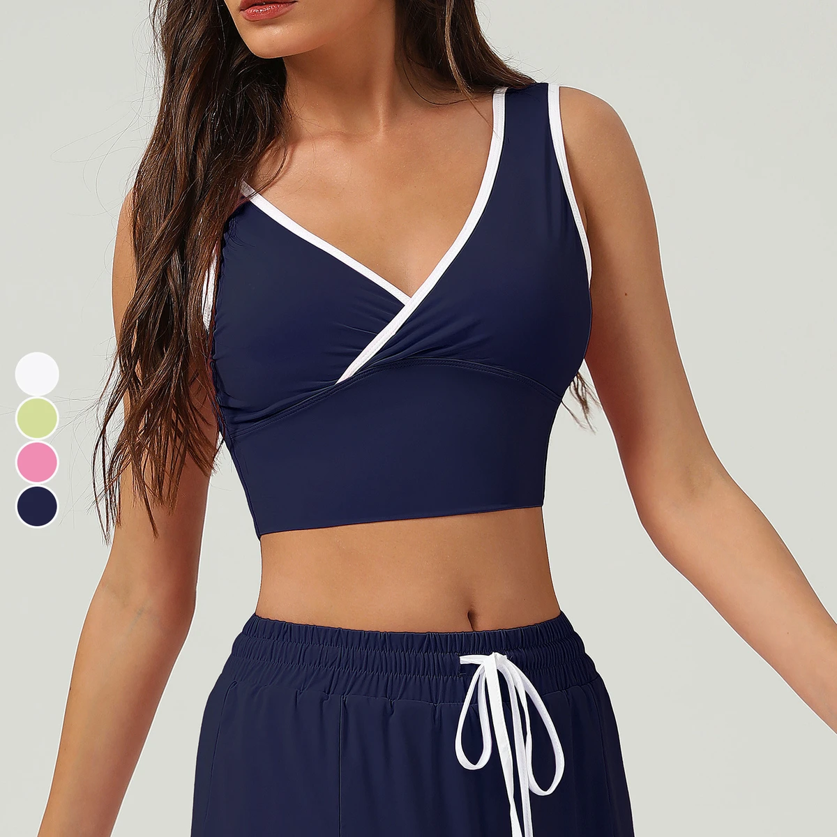 Cool Sun-Protective Sports Bra for Ladies Beautiful Back Yoga Wear with Crossed V-Neck Contrasting Colors