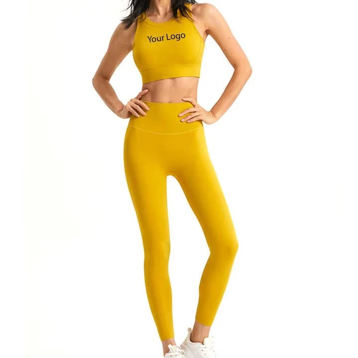 Yellow 2 Piece Yoga Set Women Seamless High Waist Leggings Crop Top Racerback Solid Color Workout Gym Fitness Outfit