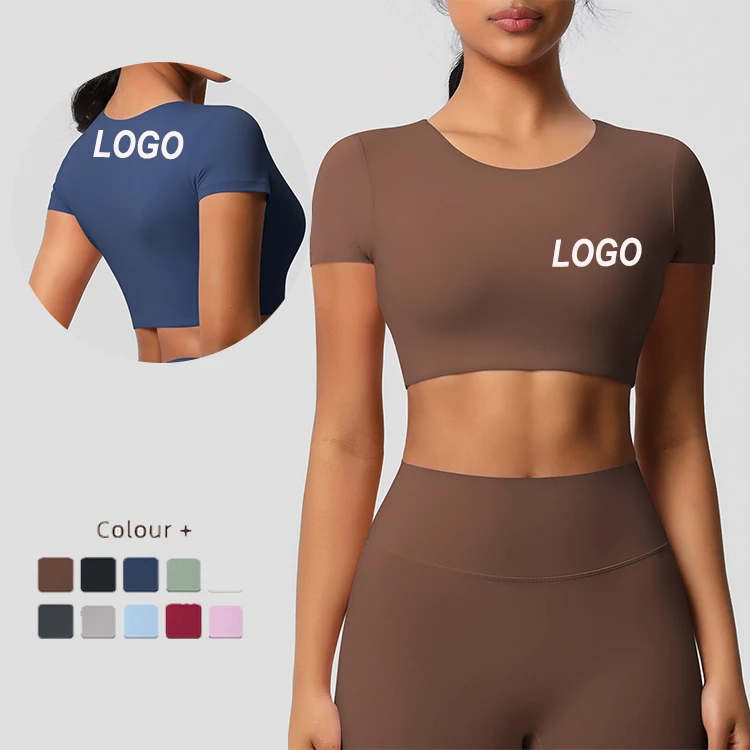 Double-sided Brushed Tight Short-sleeved Yoga Suit with Chest Pad, Pilates Running Sports T-shirt Top Sports Crop Top