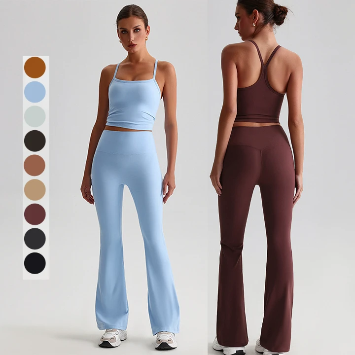 Women's Comfortable Lightweight Compression Flare Pants Breathable Quick-Drying Tank Tops Seamless 2-Piece Set Fitness Yoga Suit