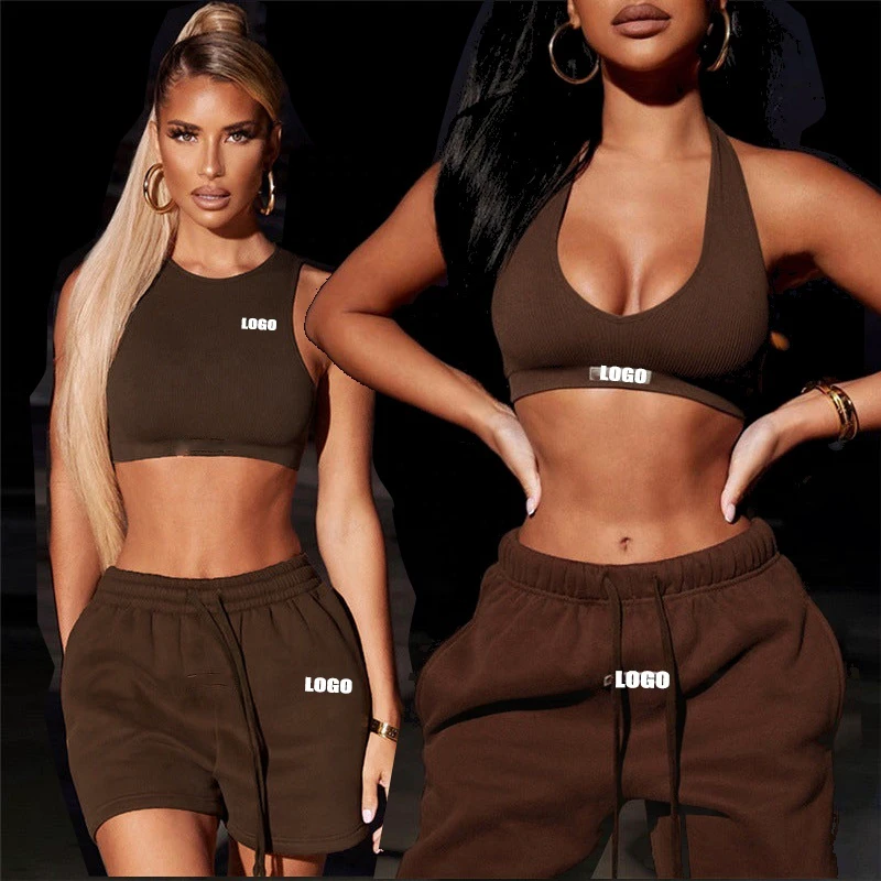 2023 OEM Plus Size Women Casual Trousers Print Pattern Activewear Halter Yoga Workout Crop Top Sports Bra Pants Gym Fitness Sets