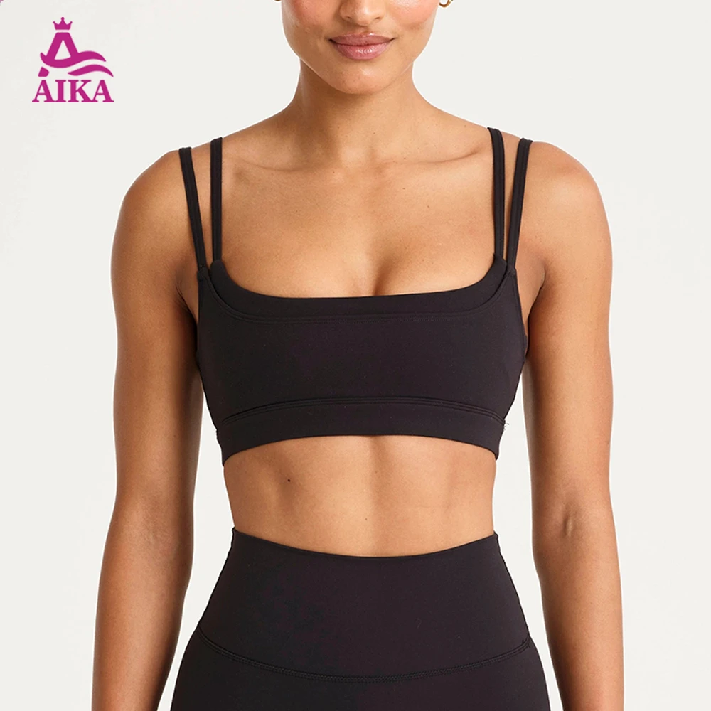 Custom Logo Women Double Straps Sports Bra Square Neck High Support Quick Dry Gym Yoga Workout Top