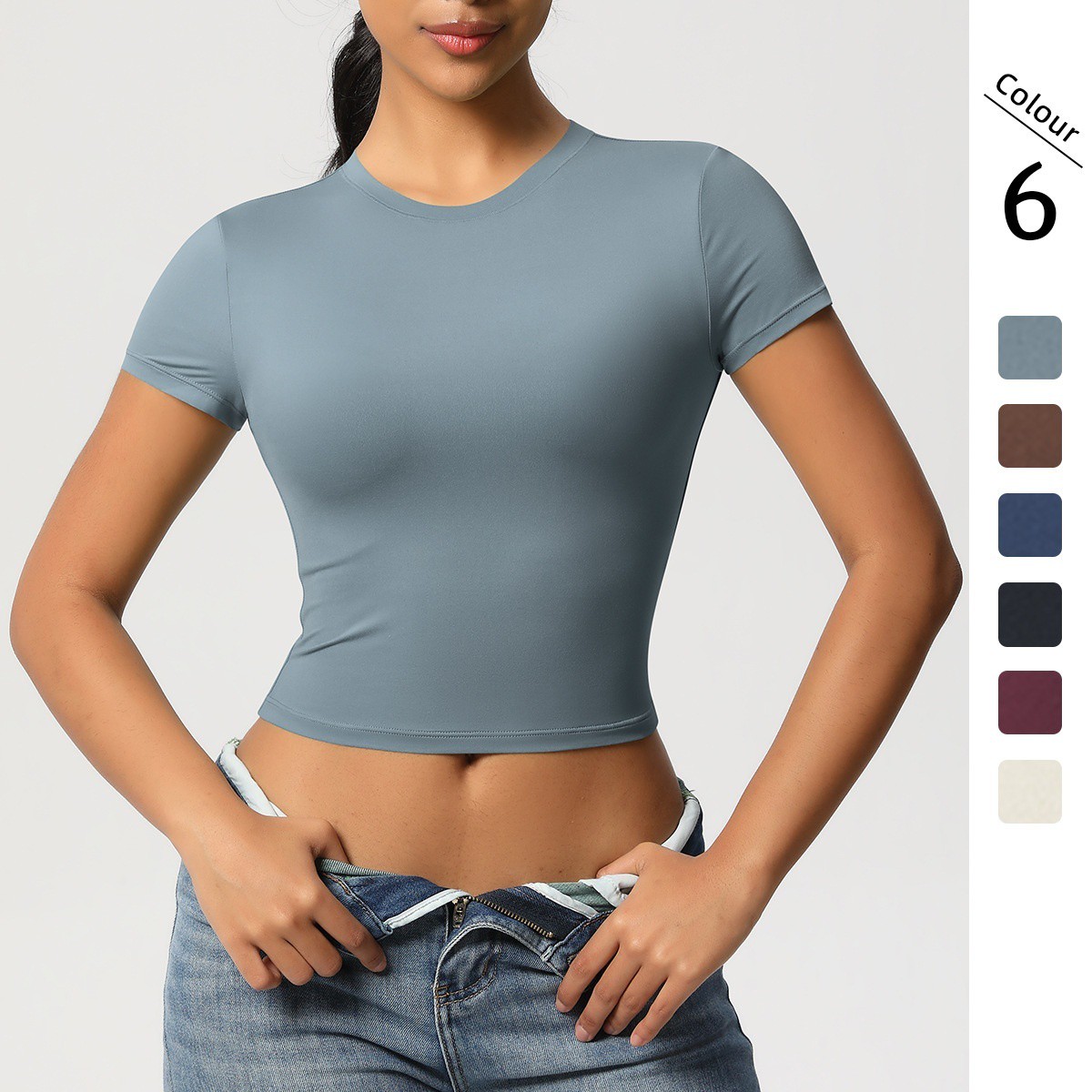 Women's Cross-border Double-sided Nylon Casual Tight-fitting Quick-dry Pilates Top Yoga Shirt Short-sleeve Running Fitness