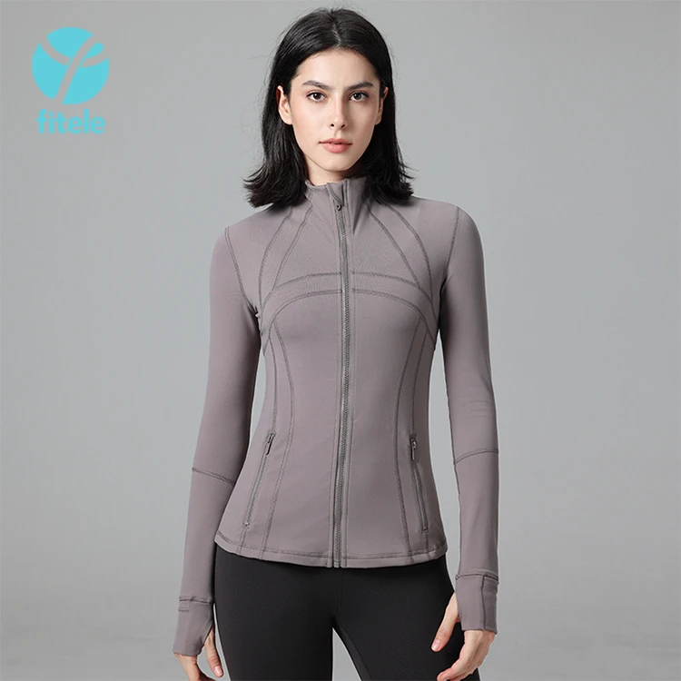 Women Breathable Seamless Plus Size Gym Clothes Tracksuit Slim Fit Long Sleeved Zipper Yoga Tops Thumb Holes Front Logo Workout