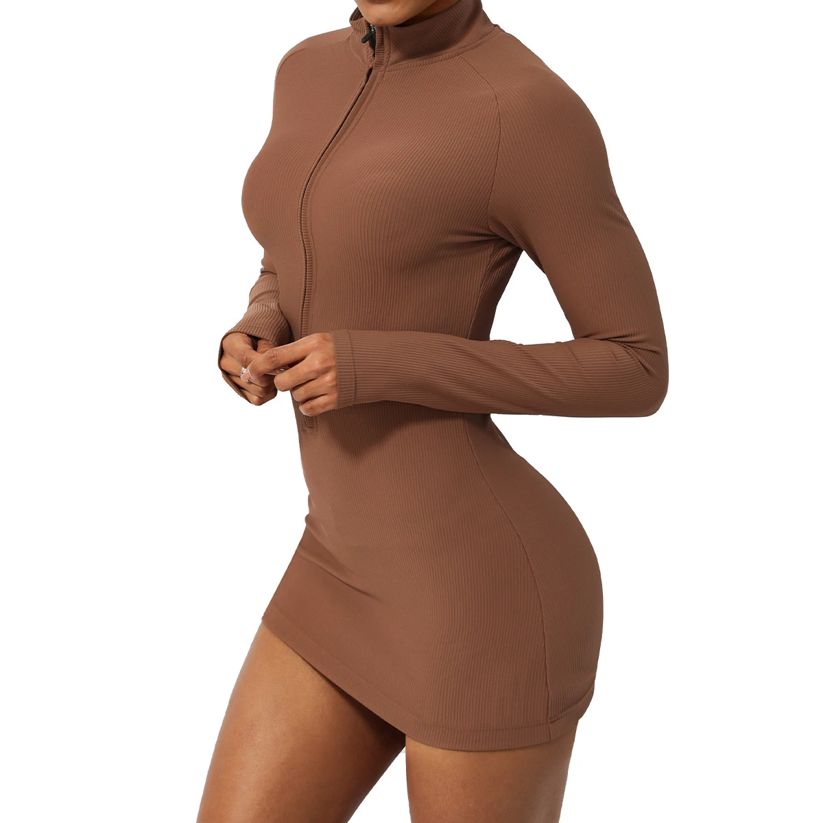 Women Compression Custom High Quality Long Sleeve Dress Ribbed Sports Dress Slim Fit One Piece Yoga Bodysuit