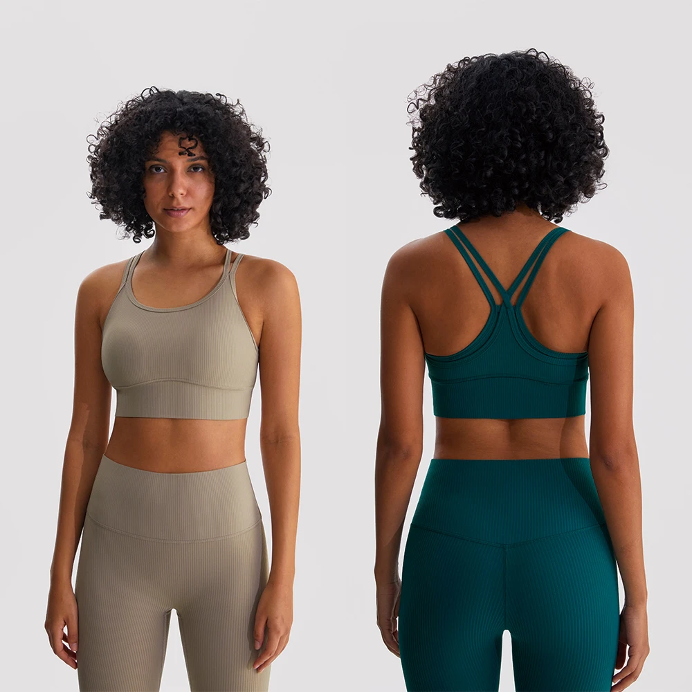Ribbed Sports Bra for Women Wearable Outside Backless Naked Feel Tank Top Medium Impact Shockproof Push up Yoga Bra