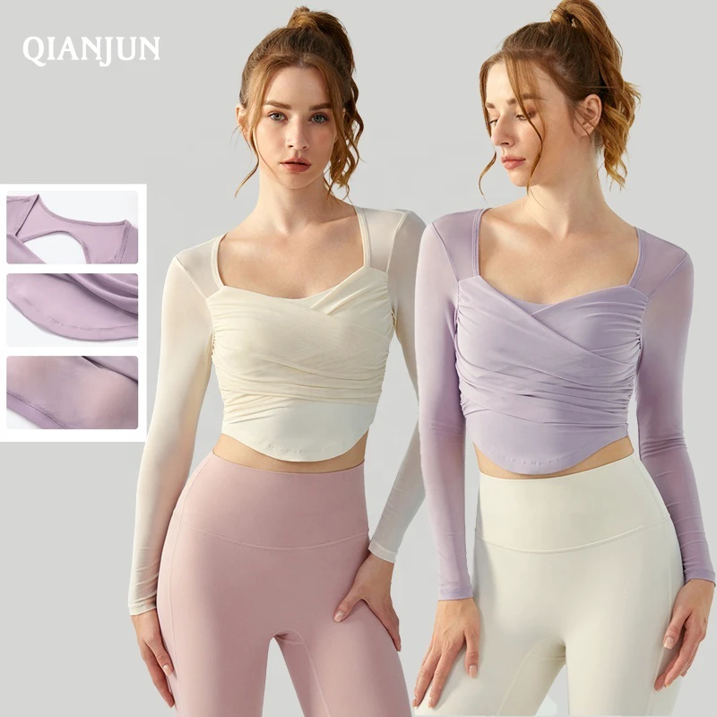 2024 Fork Pleated Yoga Long-sleeve Women's Hollow Mesh Tops Gym Quick-drying Sports Top Fitness Yoga Bra