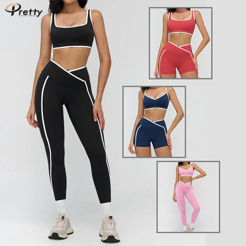 Women's Yoga Two-Piece Set Bra and Pants Nylon Spandex Breathable Sports Suit Color-Block Fitness Set Pink Red Navy Black Yoga