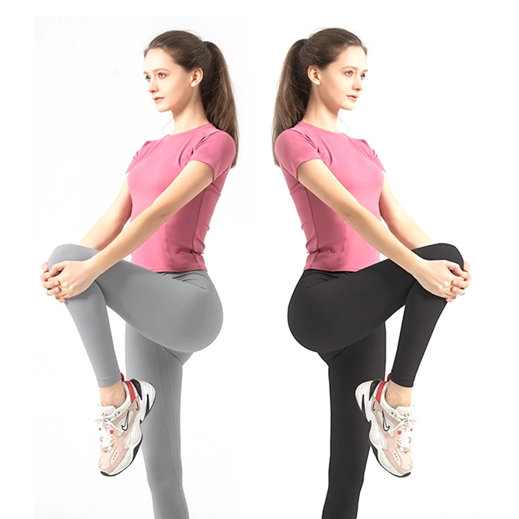 Hot Pink Short Sleeve Shrink Waist T-Shirts Crop Tops for Woman , Crew Neck Yoga Fitness Wear Tight Slim Fitted Tee Shirt