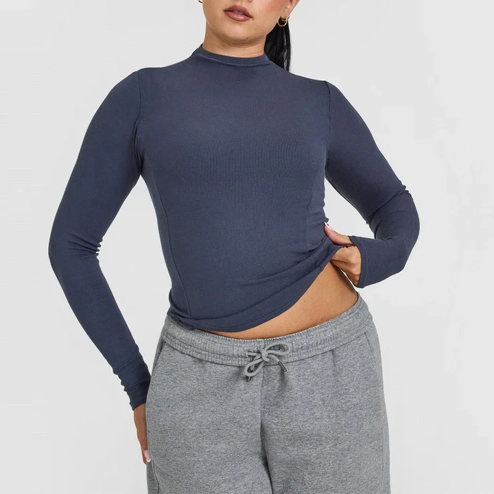 Women's Basic Mellow Rib Mock Neck Fitted Tops Custom High Quality Slim FitWomen Long Sleeve Yoga Active Fitness Top