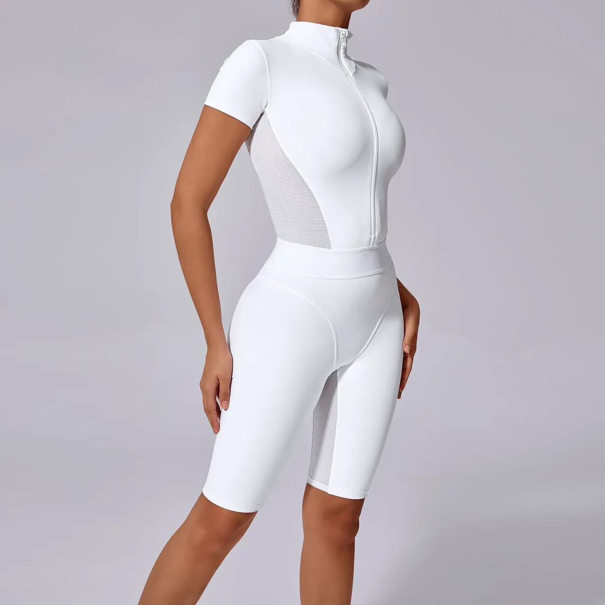 Breathable Spliced Side Mesh Ladies Fitness Yoga Bodysuit Front Zip Short Sleeves Workout Gym Jumpsuit Running Sports Romper