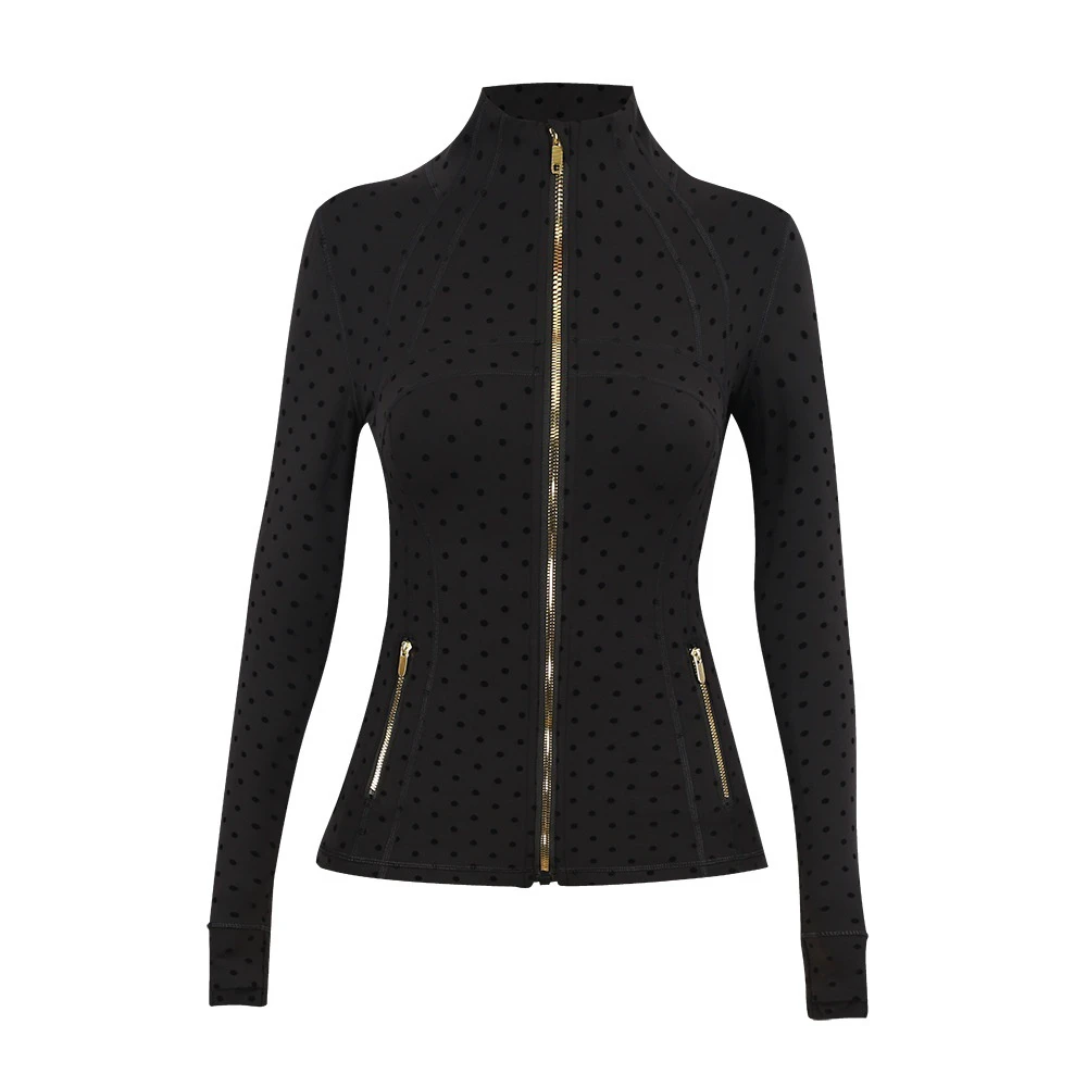 Stock Define Polka Dot Slim Fit Waist-Cinching Quick Dry Spandex/Nylon Jacket Running Outdoor Yoga Wear Nude Feel Top for Women