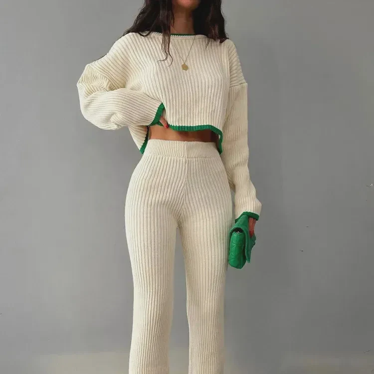 Split Knit O Neck Tied Front Crop Tops Wide Leg Pant Women Two Pieces Sets
