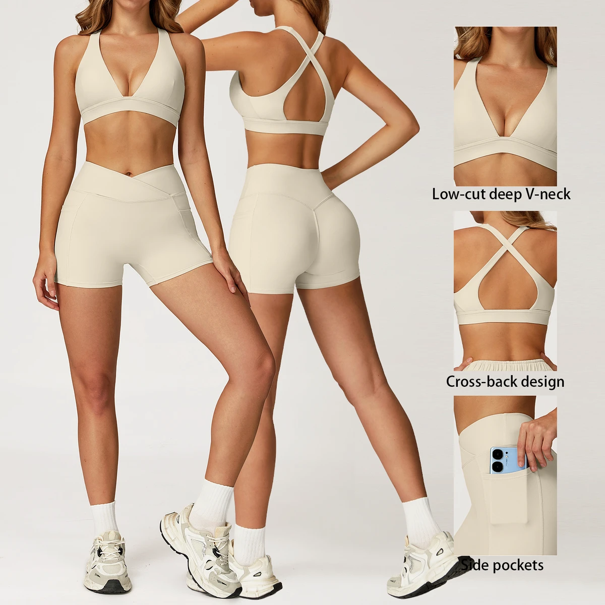 Breathable Nude-Feel Yoga Set Cross-Back Sports Bra with High-Waisted Leggings Women's Quick-Dry Running Sportswear Fitness Set