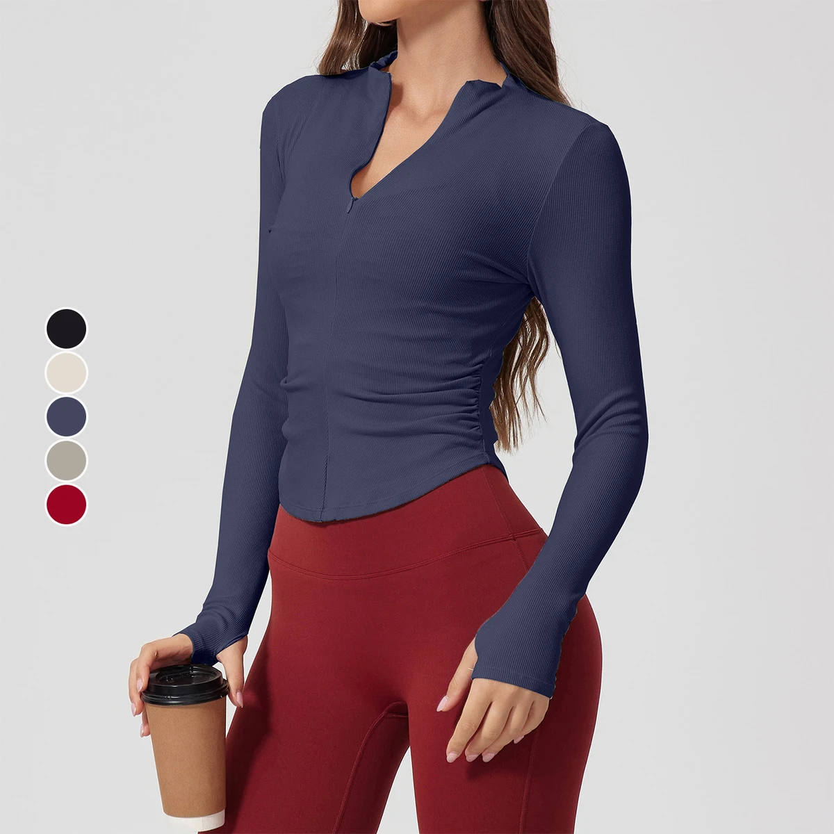 Women's Rib Nude Tight Quick Drying Long-Sleeve Yoga Top High Elastic Slimming Half-Zipper Training Shirt for Outdoor Sports