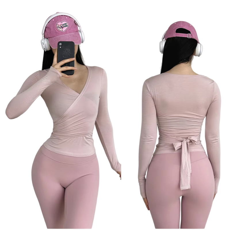 Custom Lightweight Stretchy Soft Adjustable Ties Cardigan Long Sleeves Women Open Front Ballet Wrap Blouse Yoga Tops Shirts