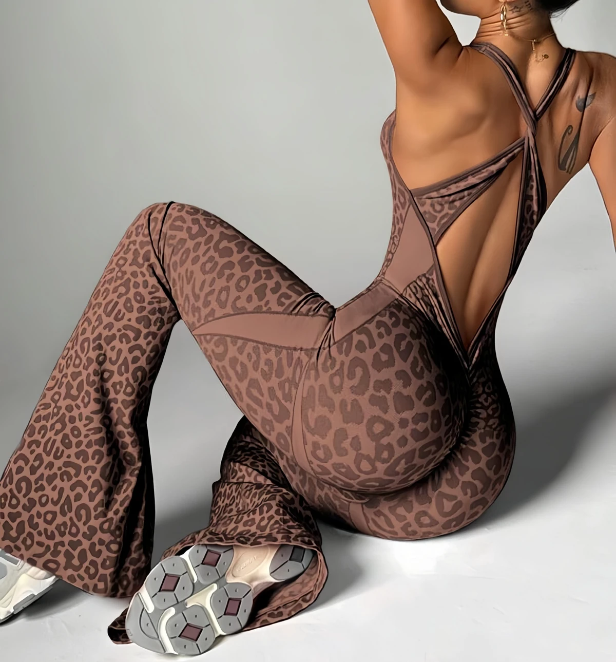 Women Leopard Pilates Workout Gym Jumpsuit Sexy Cross Backless Fitness Yoga Bodysuit with Scrunch Butt Flare Pants