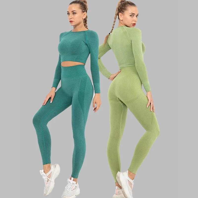 Wholesale Seamless Long Sleeve Yoga Set Women Quick Dry Sports Workout Fitness Gym Training Wear 2 Piece Yoga Sets
