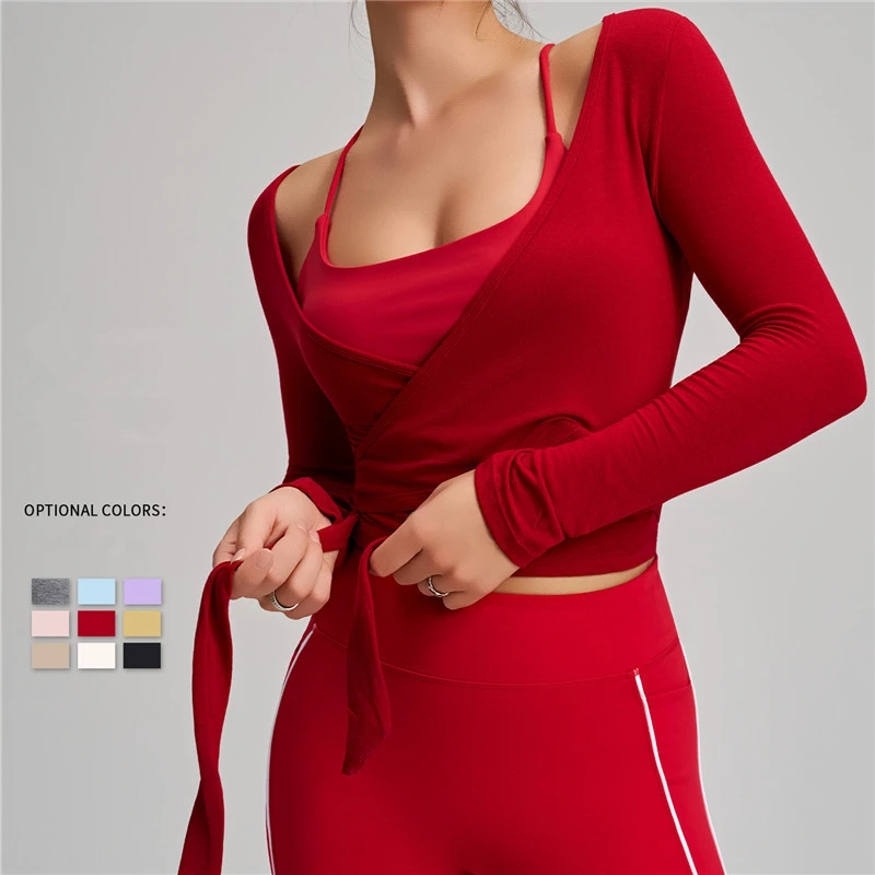 Long Sleeve Crossover Bandage Workout Top Fitness Quick Dry Running Dancing Tee Yoga Pilates Shirt for Women