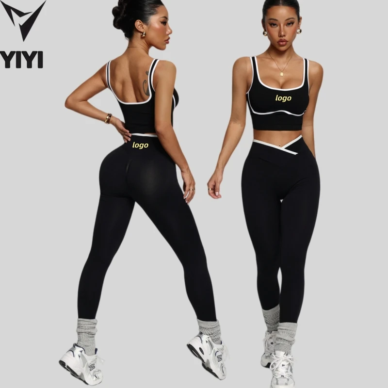 High Quality Women Yoga Clothes Two Pieces Sets Contrasting Color Slim Hit Gym Running Workout Fitness Wear Suits Custom Logo