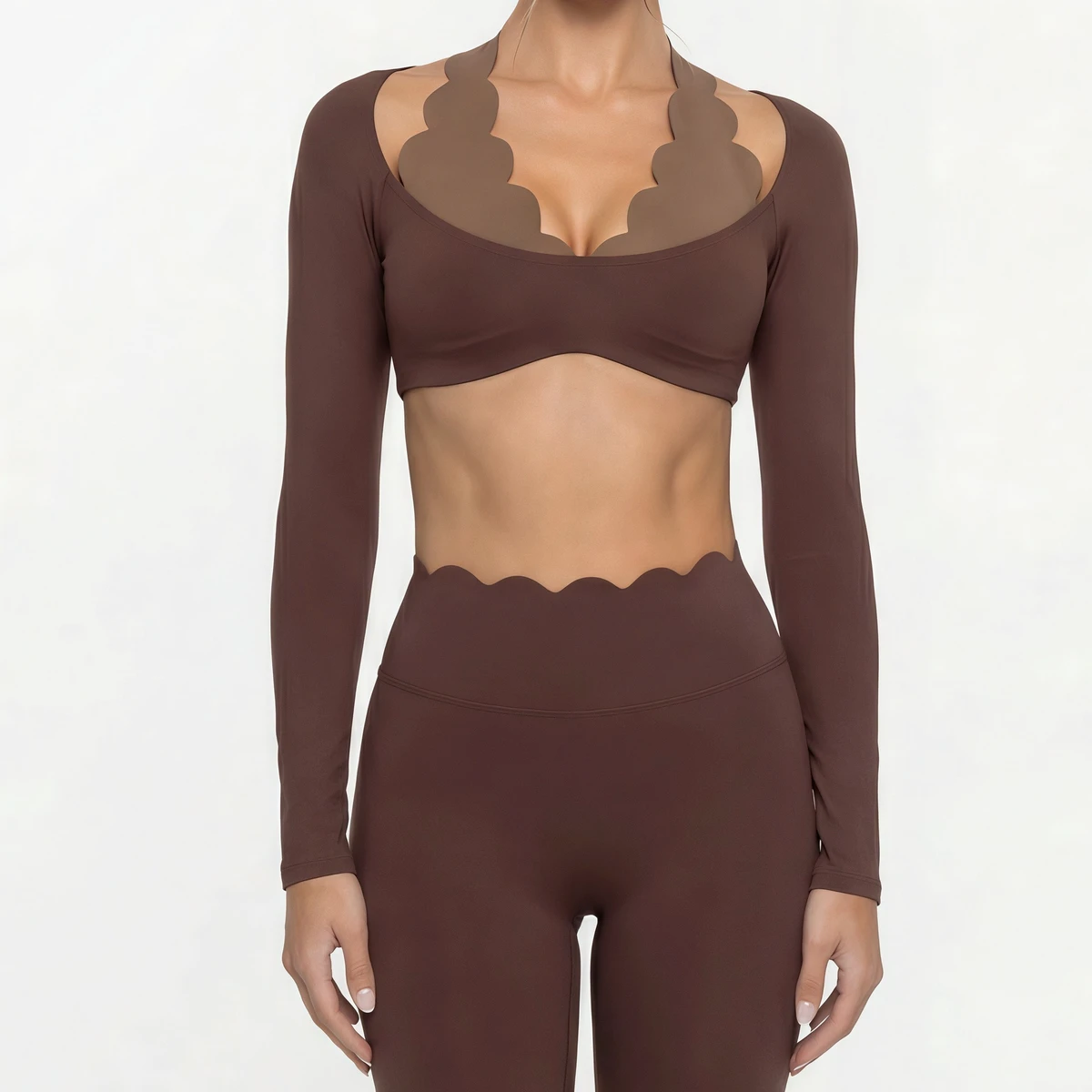 Ladies Halter Yoga Suit Contrast Color Long Sleeves Crop Top High Waist Pants Scallop Workout Active Wear Set