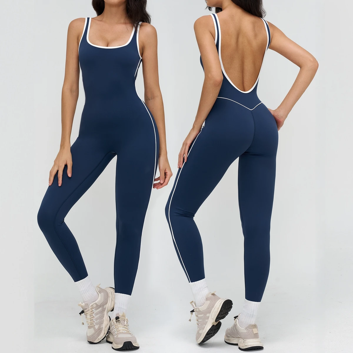 Women's One-Piece Comfortable Elastic Square Yoga Jumpsuit Color Blocking Trim Women's Wear for Running and Workouts