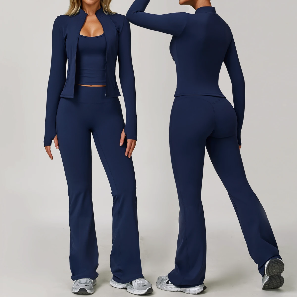 Quick-Drying Three-Piece Fitness Yoga Suit Breathable Bell-Bottoms Set Elastic Waist for Outdoor Running Sports Outdoor Running