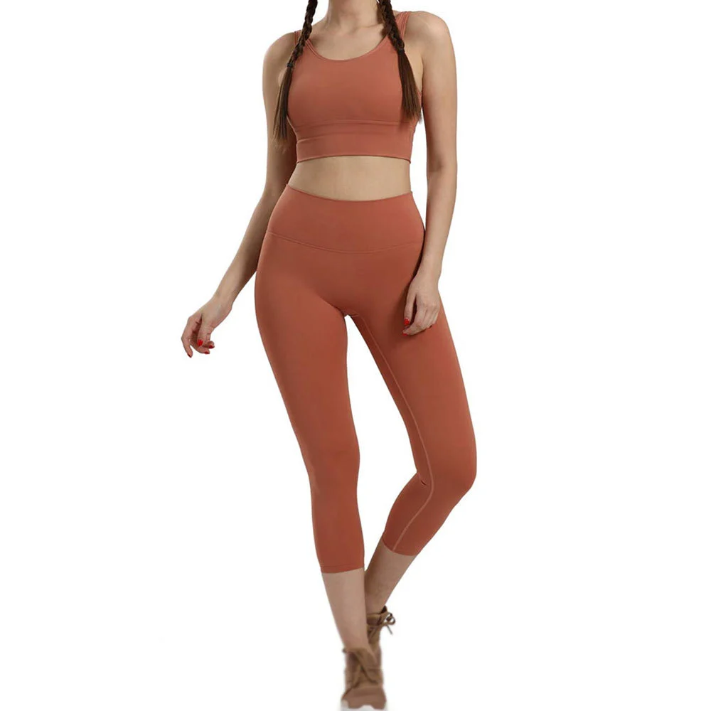 Comfortable Solid Front Yoga Set Stretchable Material Breathable Design Elastic Waistband 2-Piece for Fitness Training Daily