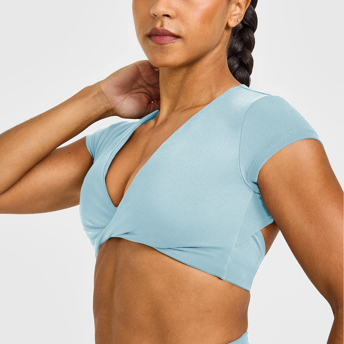Cross-border Ruched V-neck Yoga Short-sleeve Women's Hollow-out Backless Nylon Tight-Fitting Fitness Top Casual Commuting Sports
