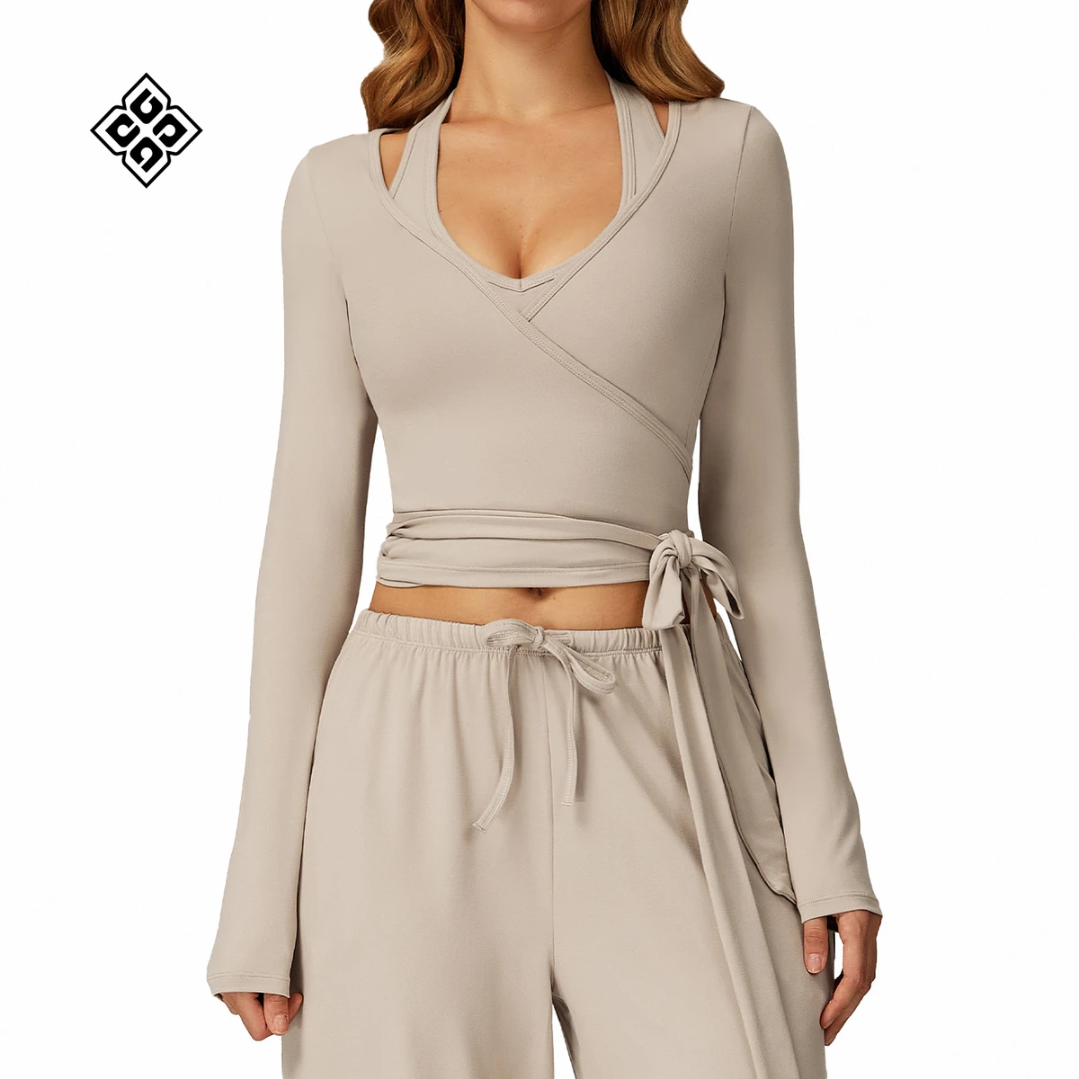 Brushed Yoga Long-sleeved One-piece Lace-up Yoga Wear Outdoor High-end Sports Fitness Wear V-neck Slimming Yoga Top
