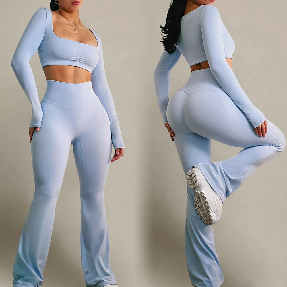 Custom 2-Piece High Waisted Flared Activewear Gym Clothes Breathable Solid Pilates Yoga Fitness Workout Sets for Plus Size Women