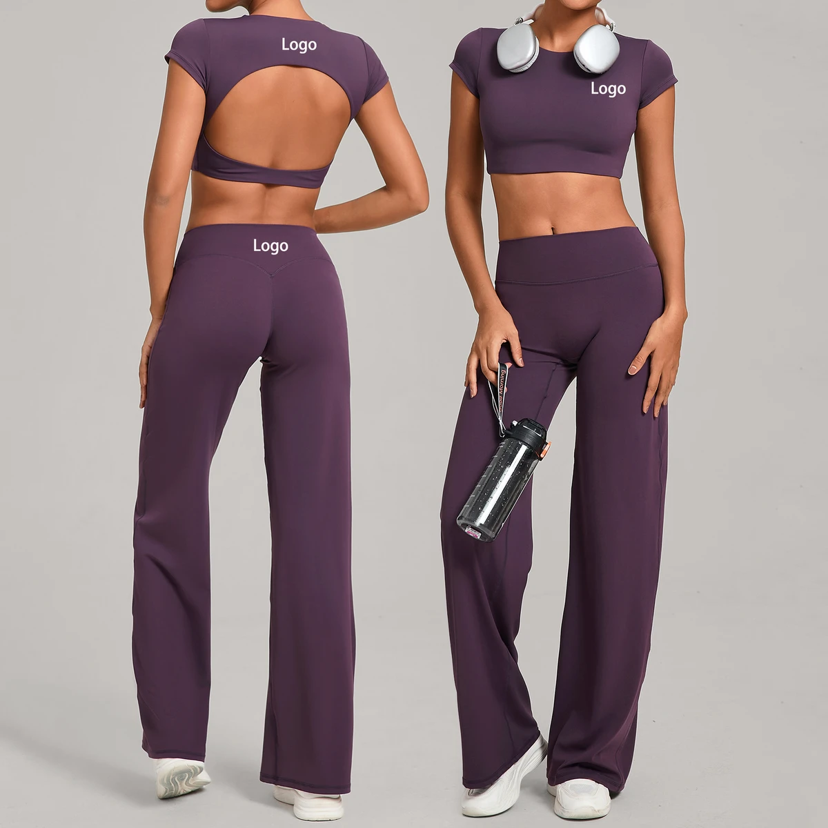 Custom Logo Solid Color Backless Women's Crop Top High Waist Wide Leg Yoga Pants Sets Breathable Workout Gym Fitness Sets