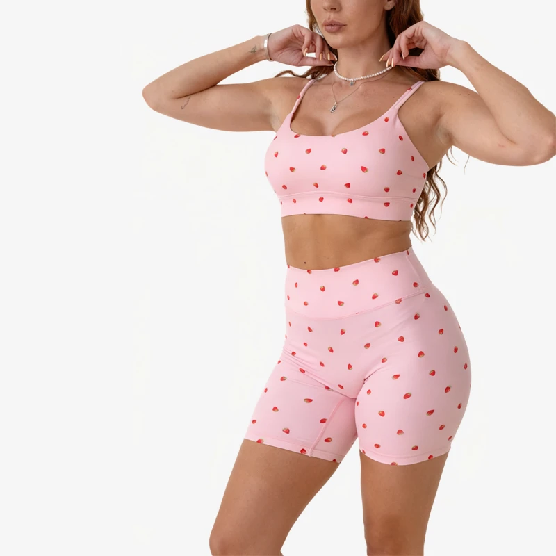 New Arrival Double-Strap Yoga Top Strawberry-Print Ruched Bike Shorts 2-Piece Set Workout Running Boxing Wear Sportwear