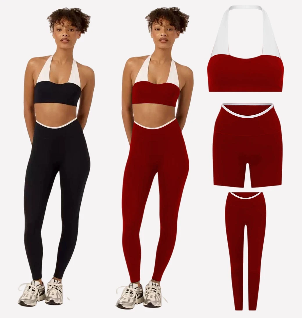 Breathable Sleeveless 3 PCS Active Wear Set Contrast Color High Elastic Backless Halter Fitness Yoga Wear Suit For Ladies