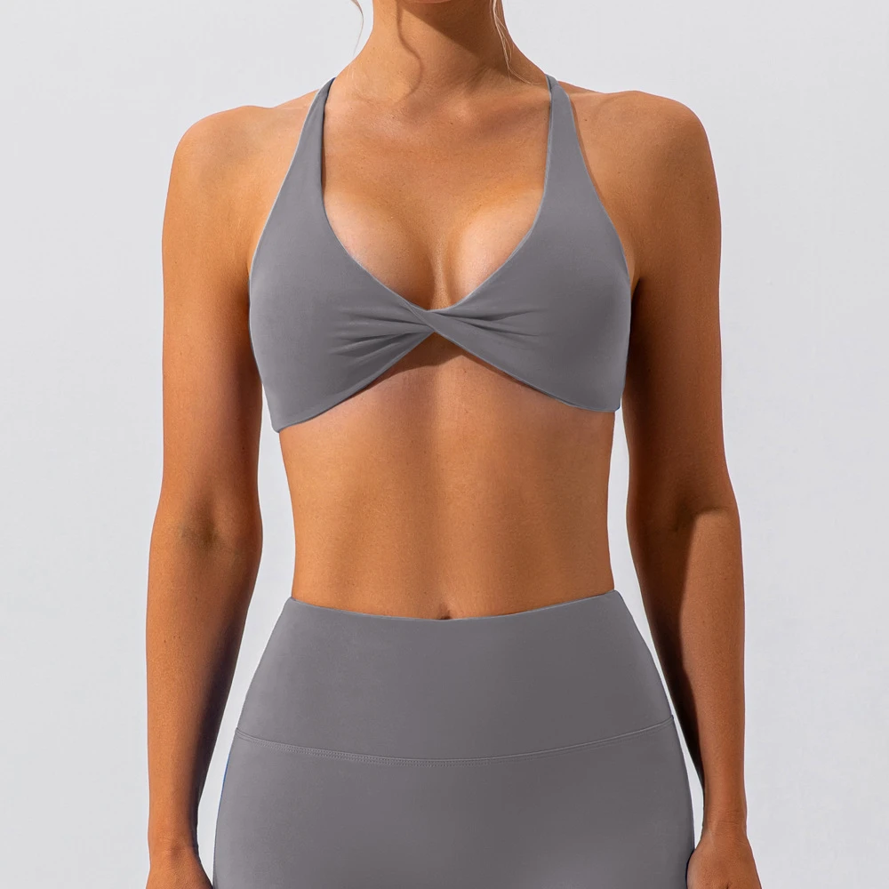 Women Girls New Model Yoga Gym Fitness Compression Soft Running Cross Back Workout Sexy Twist Sports Grey Bra
