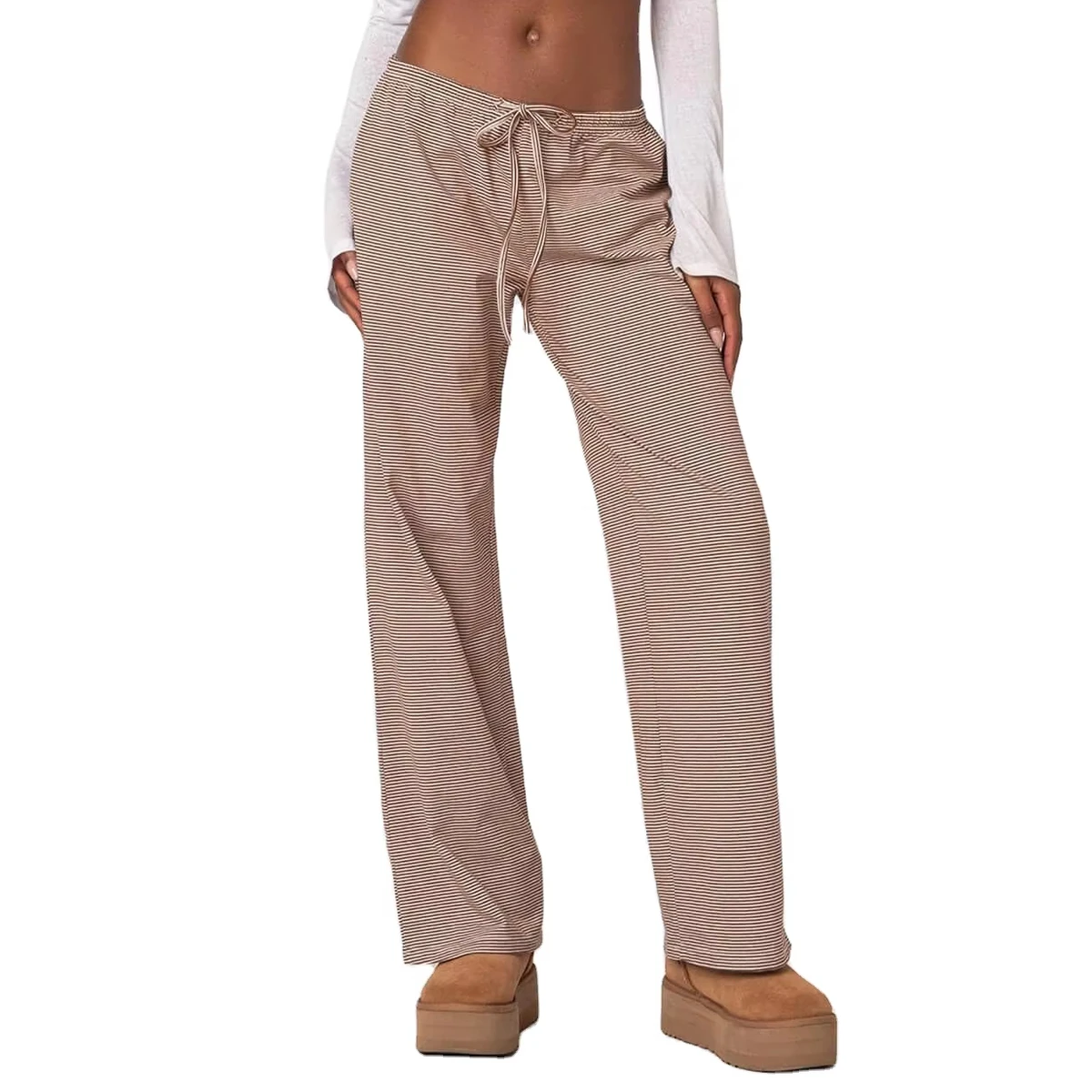 Custom New Arrivals Eco-Friendly Breathable Striped Flat Front Summer Lightweight Quick Dry Pants for Women Casual Yoga Gym Wear