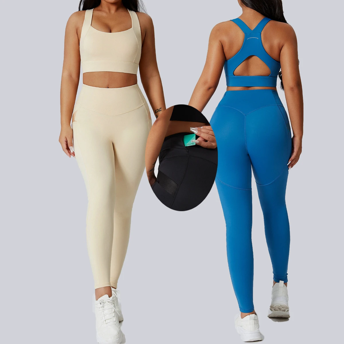 YIYI U-neck Push up High Support Bra Racer Back Girls Yoga Set Elastic High Waist Quick Dry Pockets Women's Leggings Sports Set