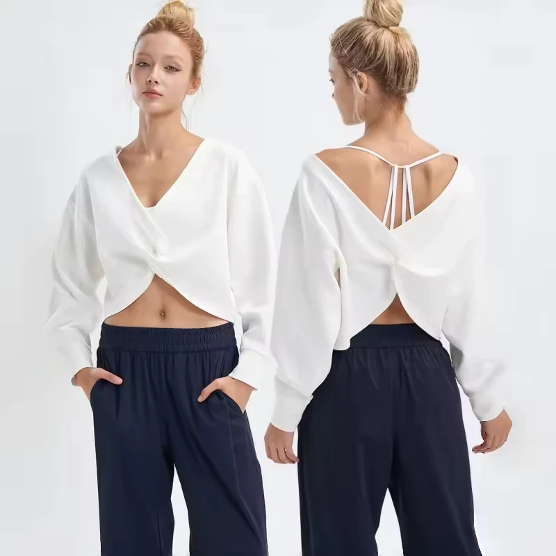 New Design Gym Free Size Two Ways Wear Yoga Crop Top Long Sleeve V Shape Backless Sexy Shirts Sunproof Top for Women