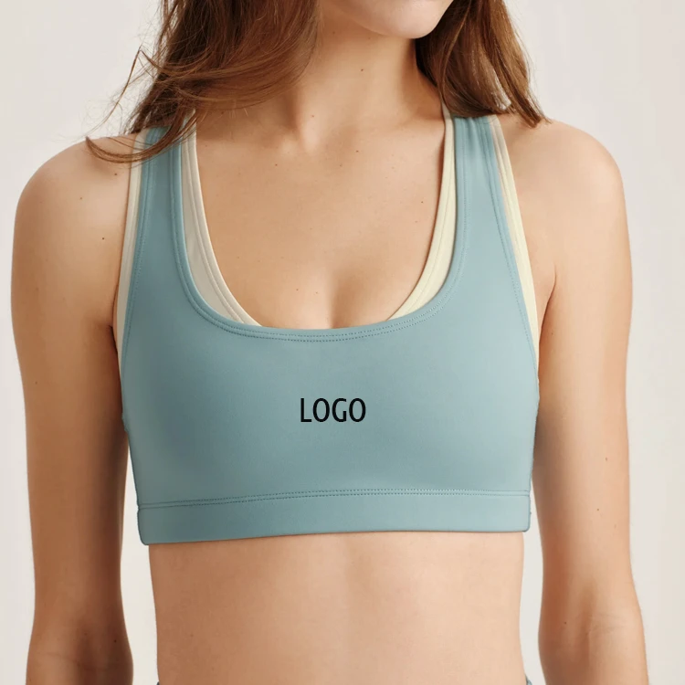 Medium Support Women Yoga Sports Bra Racerback Color Blocking Anti-Bacterial Stretch Two-layer Compression Bra Tops